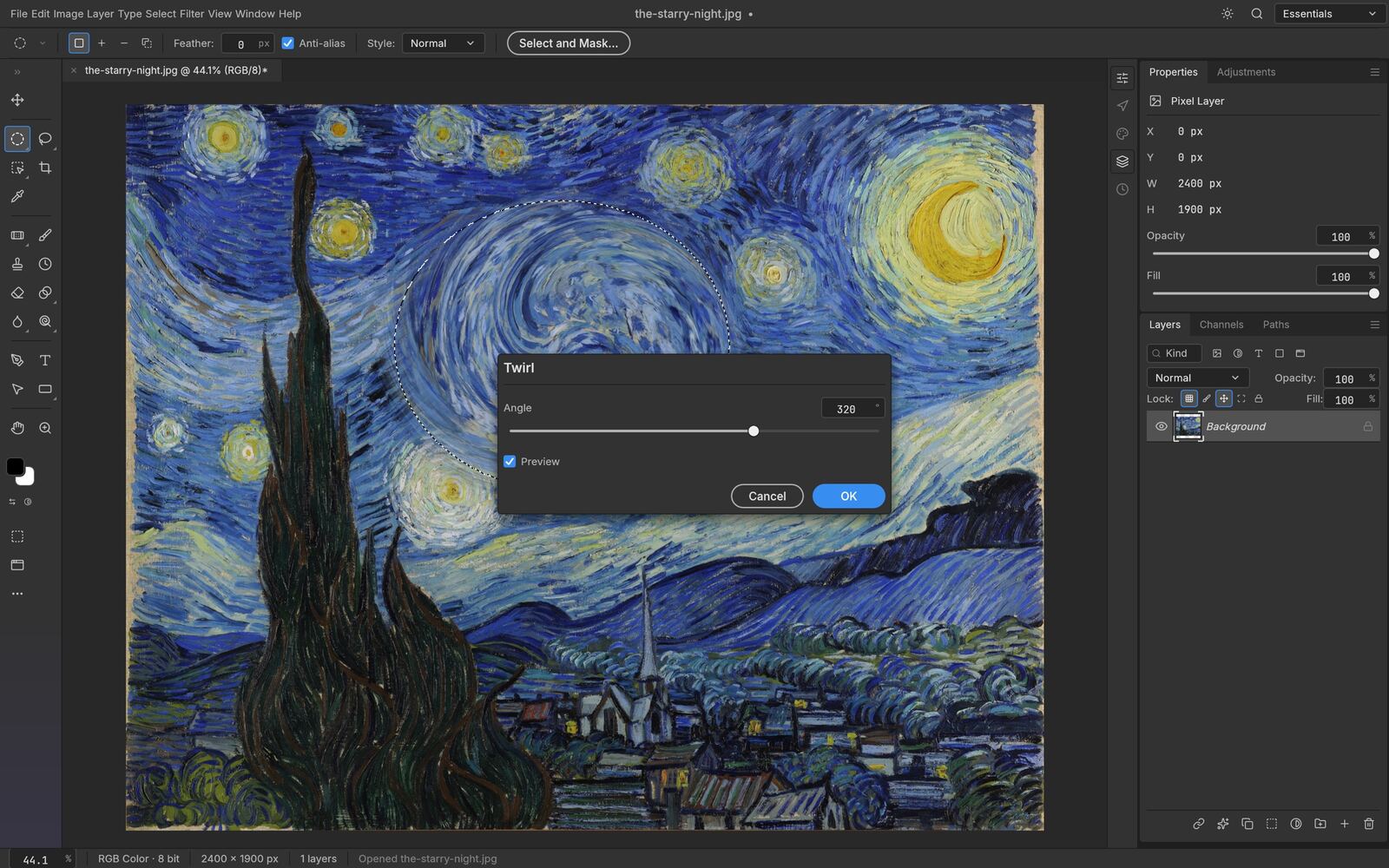 PhotoCraft's Twirl filter dialog previewing live inside an elliptical selection on Van Gogh's The Starry Night