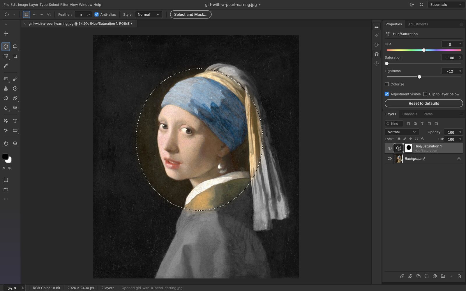 PhotoCraft's elliptical selection used as the mask of a Hue/Saturation layer on Vermeer's Girl with a Pearl Earring